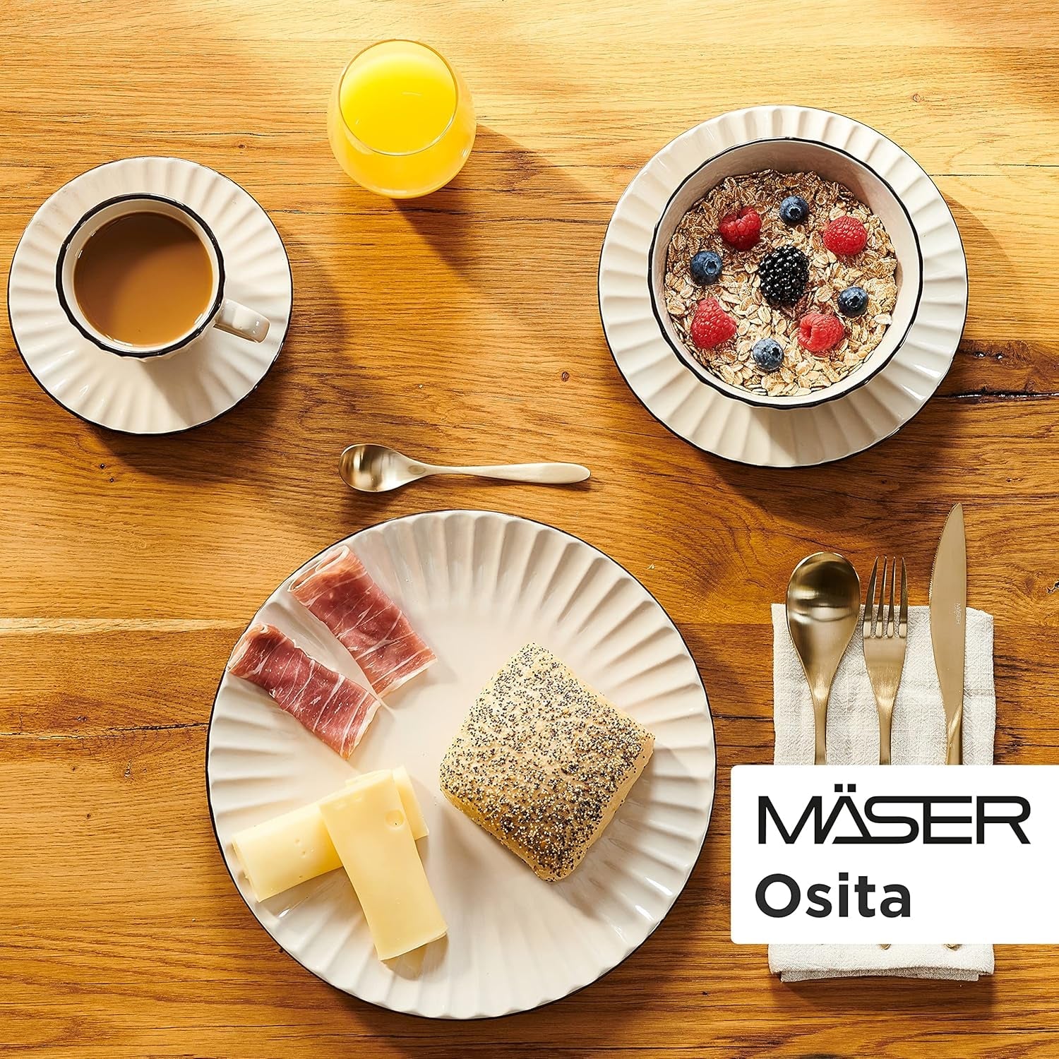 MĘSER 931967 Osita Retro Series Zestaw zastawy stołowej Wave dla 6 osób, 18-częściowy okrągły zestaw naczyń obiadowych, talerze obiadowe, talerze deserowe i miski na płatki zbożowe, ceramiczny, kremowobiały