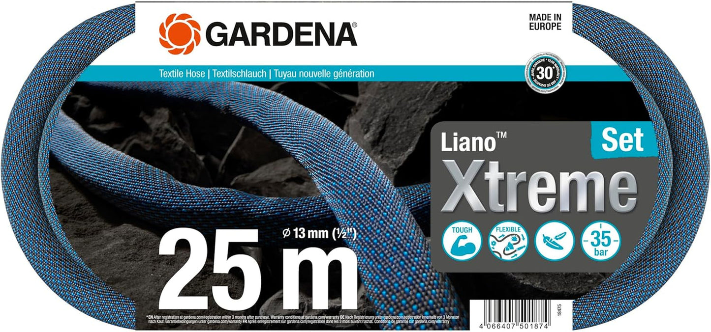 Zestaw Gardena Liano Xtreme 1/2 cala 25 m: wyjątkowo wytrzymały tekstylny wąż ogrodowy z lekkim, odpornym na warunki atmosferyczne wężem wewnętrznym z PVC (18475-20)