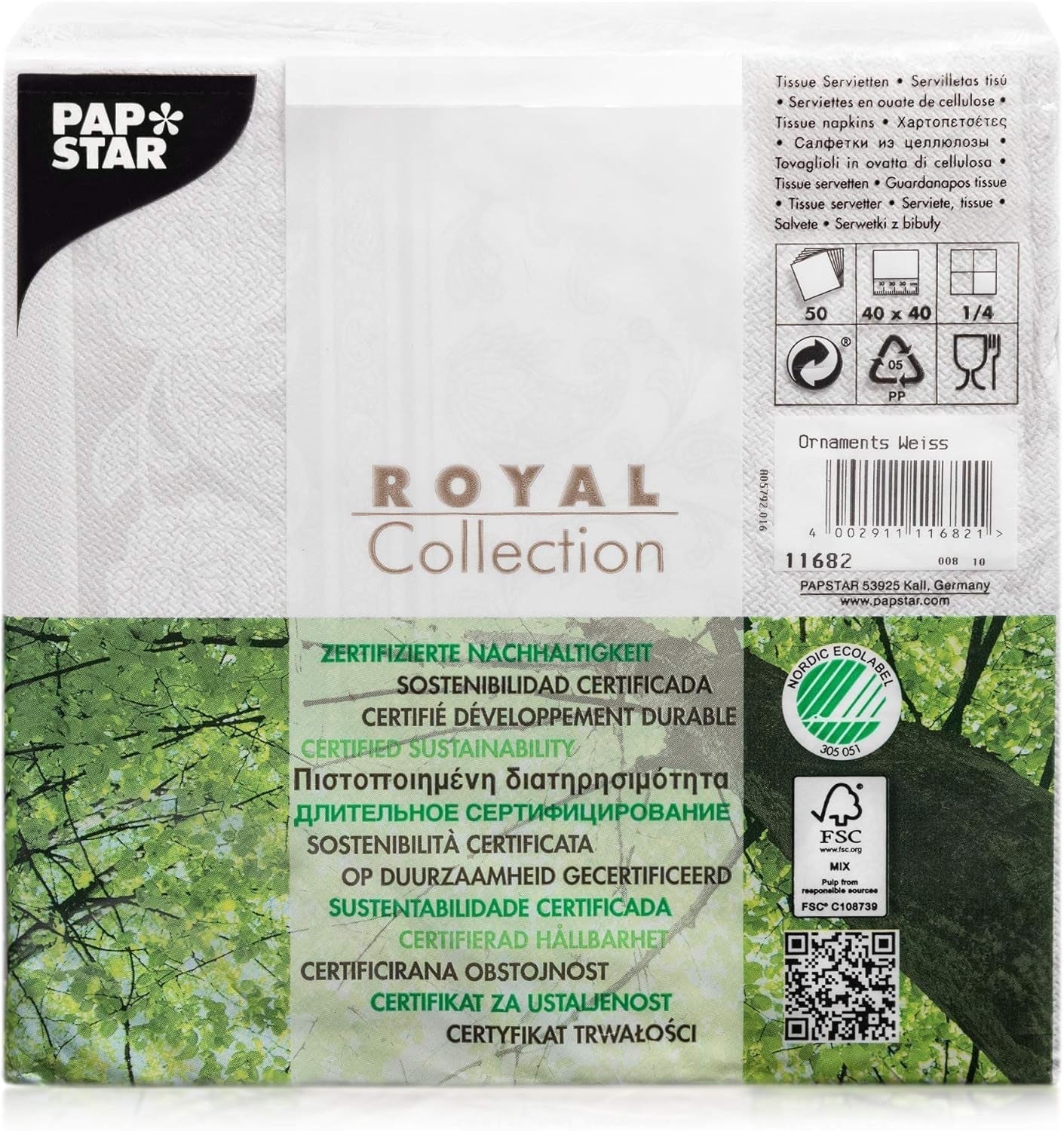 Papstar 11682 50 serwetek „Royal Collection” 1/4 złożenia 40 X 40 cm „Ozdoby”, białe