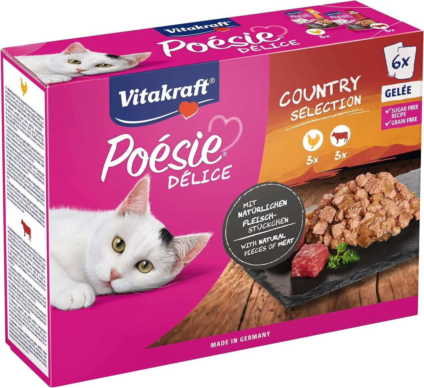 Vitakraft Poésie Délice, Country Selection, Nassfutter Katze, Katzennassfutter Gelee, z kurczakiem, z wołowiną (1 opakowanie 6x 85g)