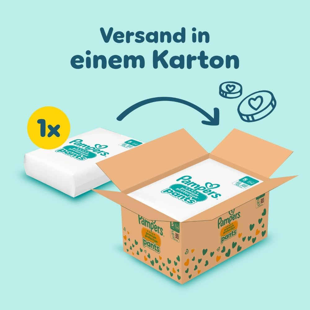 Spodnie Pampers Premium Protection rozmiar 5, 144 pieluszki, 11 kg - 17 kg, z regulacją 360° i miękkimi mankietami zapobiegającymi wyciekaniu dla optymalnego komfortu i ochrony