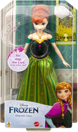 Mattel Disney Frozen Singing Anna Doll - 30-sekundowy fragment piosenki, klasyczny strój zamkowy, odpinana miękka spódnica, czesane włosy, dla dzieci w wieku 3+, wersja niemiecka, HMG41