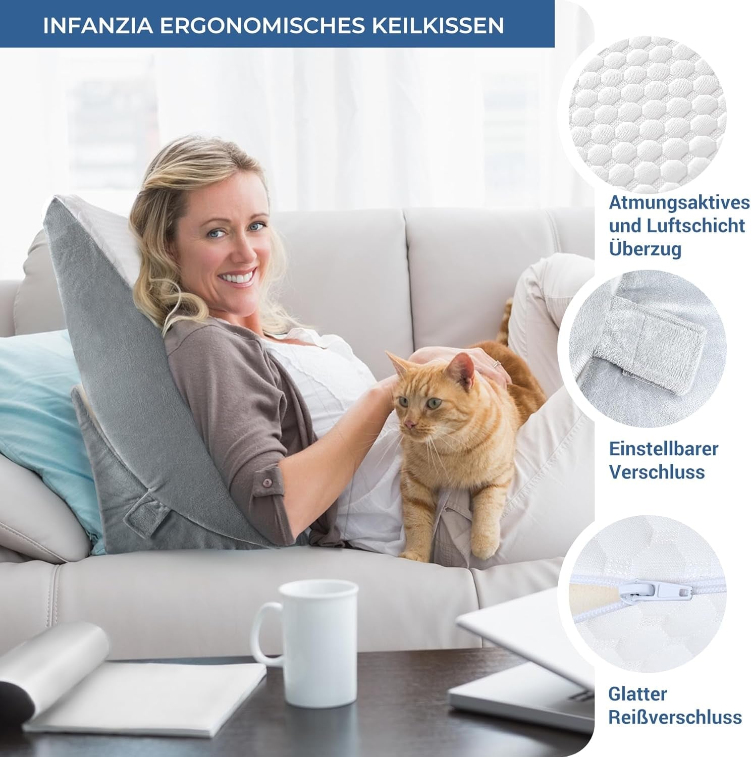 Regulowana poduszka klinowa, poduszka do czytania z pianki o dużej gęstości z rolką pod szyję do łóżka i kanapy, ergonomiczna poduszka klinowa do leczenia bezdechu sennego z powodu refluksu sennego, poduszka na nogi, poduszka pod plecy do czytania, grania lub oglądania telewizji