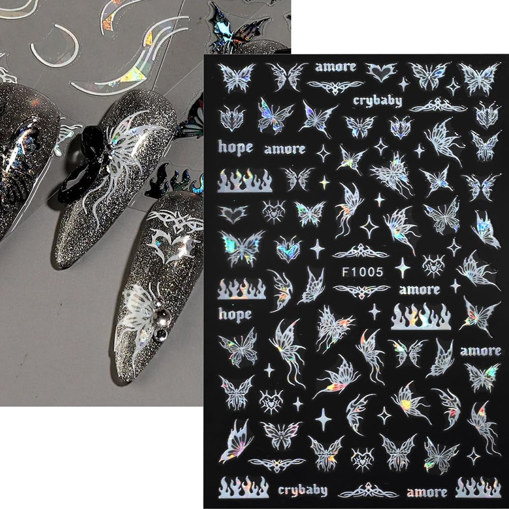 4 Blätter Holographisch Laser Weiß Schmetterling Nagelsticker,Y2K Aurora Schmetterlinge Stern Nail Naklejka 3D Flamme Herz Nageldesign Nagelsticker Selbstklebend Nagel Naklejka Nagel Zubehör Nail Art