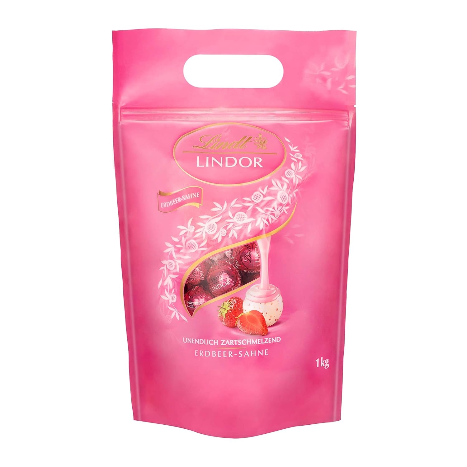 Lindt LINDOR Kulki z bardzo ciemnej czekolady i LINDOR Truskawkowe kulki czekoladowe | 1 kg zamykana torebka | ok. 80 kulek z białej czekolady z kremem truskawkowym