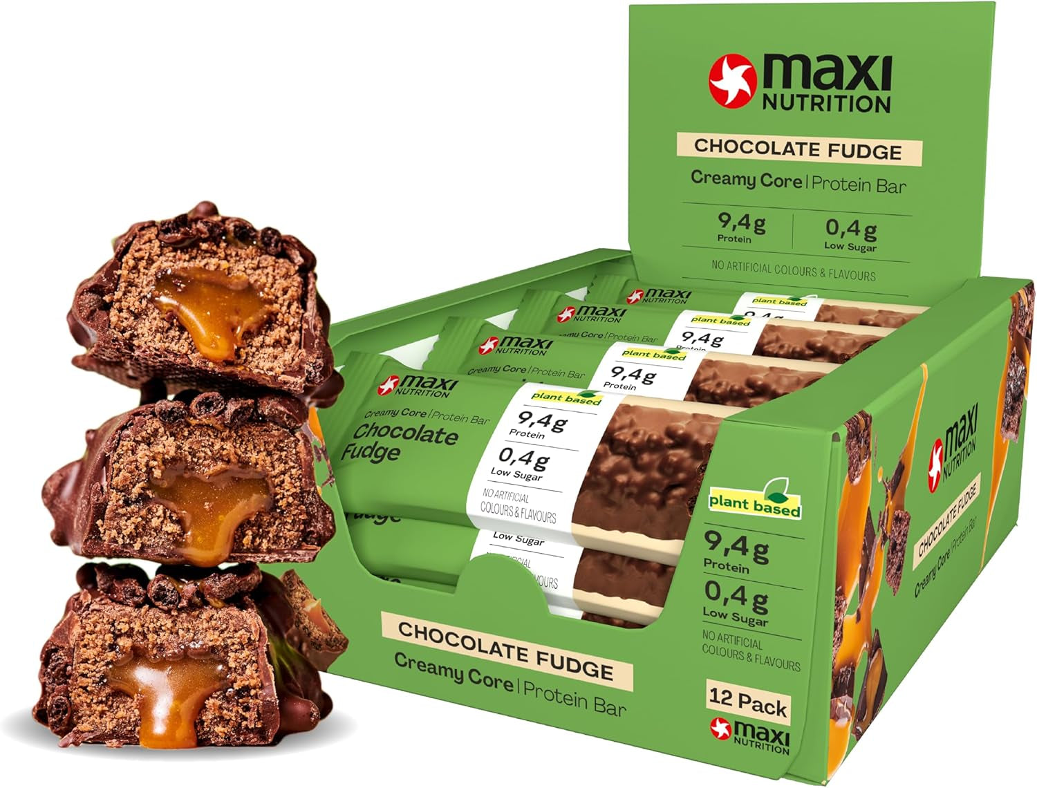 MaxiNutrition Kremowy wegański baton proteinowy z czekoladą, orzeszkami ziemnymi i karmelem 12x45g - wegański baton proteinowy, 18% białka, 8,3g w batonie, niska zawartość cukru (0,9g), bez dodatku cukru, bez sztucznych aromatów