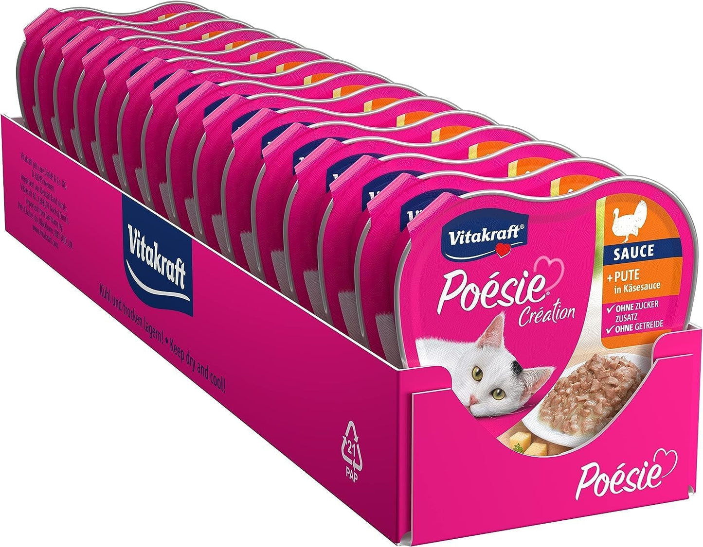 Vitakraft Poésie Création, mokra karma dla kota, mokra karma dla kota w sosie, z indykiem w sosie serowym, opakowanie zbiorcze, bez dodatku cukru i zbóż (15 x 85g)
