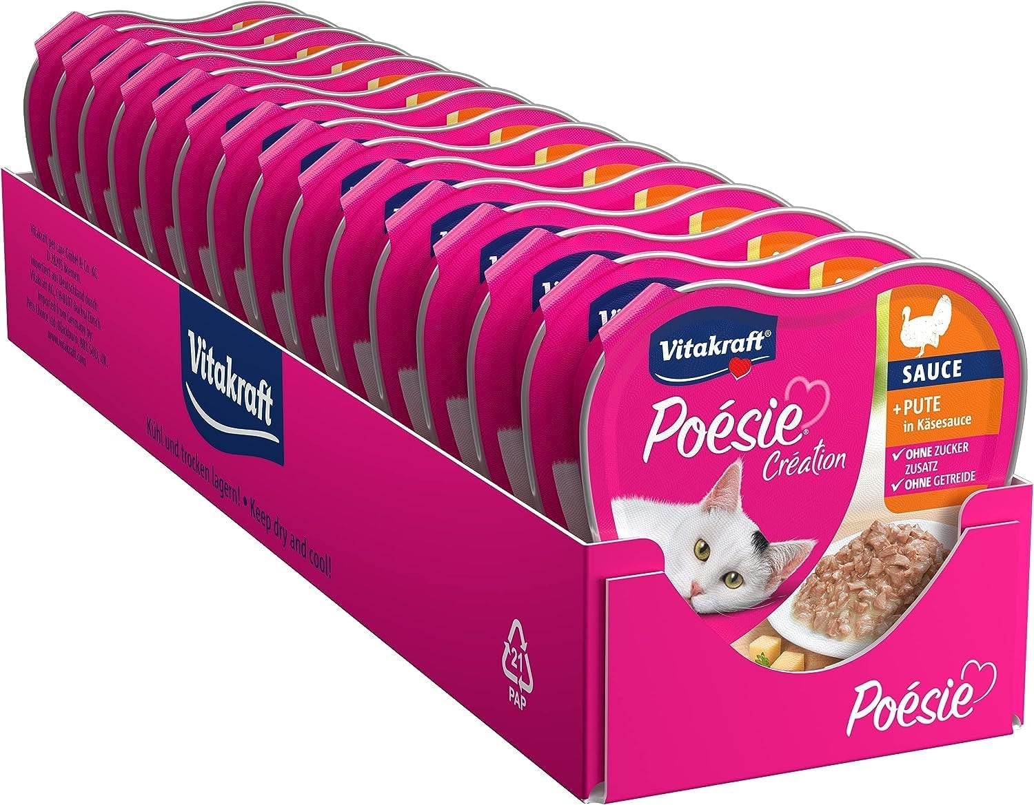 Vitakraft Poésie Création, mokra karma dla kota, mokra karma dla kota w sosie, z indykiem w sosie serowym, opakowanie zbiorcze, bez dodatku cukru i zbóż (15 x 85g)