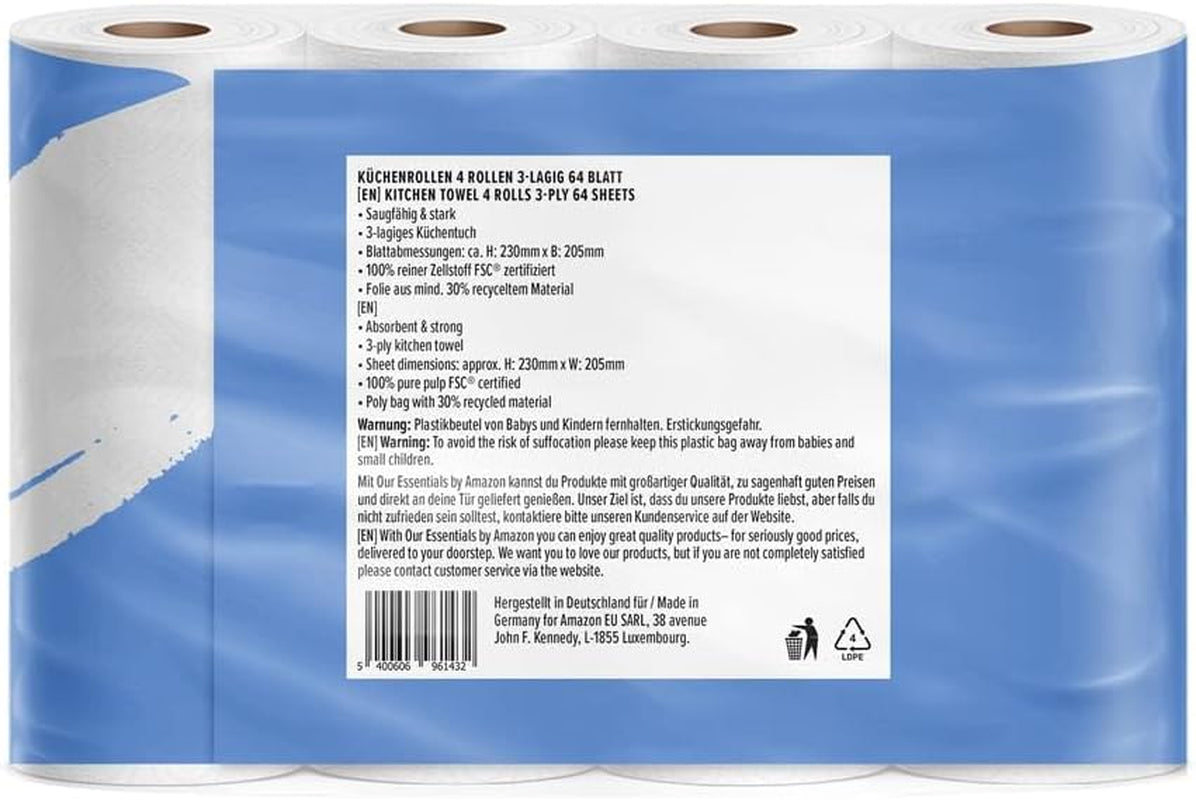 Przez Amazon Kitchen Roll, 3 warstwy, 16 rolek (4 rolki, opakowanie 4 sztuk), 64 arkusze w rolce, certyfikat Fsc