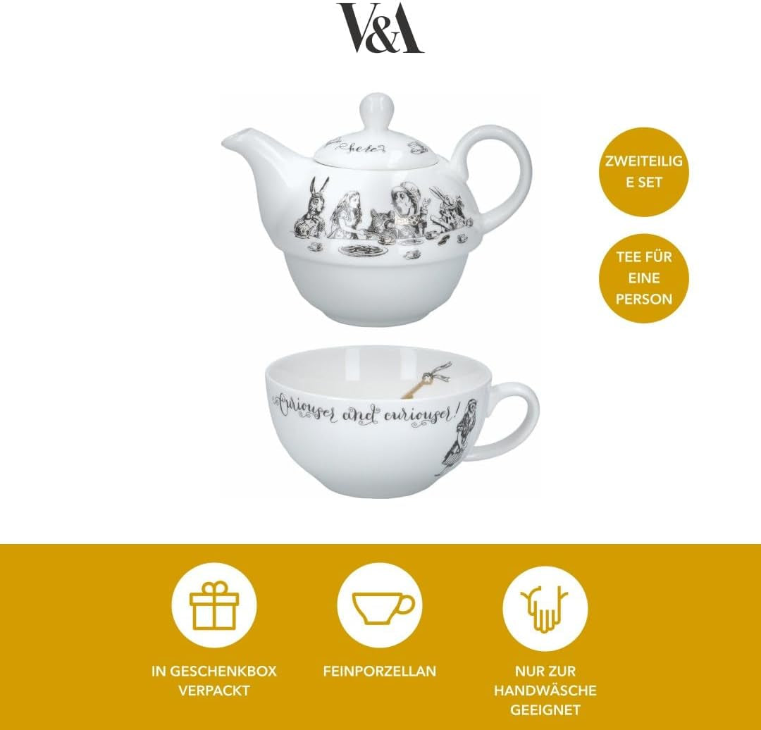 Zestaw dzbanków i filiżanek Alicja w Krainie Czarów dla 1 osoby w pudełku upominkowym, delikatny porcelanowy serwis do herbaty, biały, 250 ml
