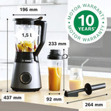 Mikser stojący Bosch Vitapower Serie 4 MMB6174SN, wersja Verbesserte, Hochwertige Edelstahl-Klingen, 1,5 l Glasbehälter, 0,6 l To-Go-Flasche, Spülmaschinenfeste Teile, 30 000 U/min, 1200 W, Silver Kitchen Naty Shop