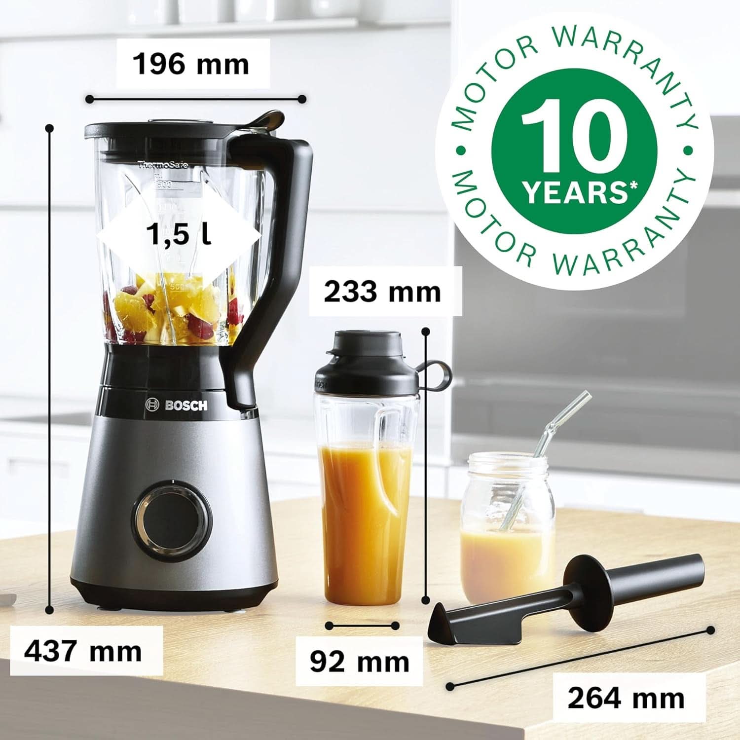 Mikser stojący Bosch Vitapower Serie 4 MMB6174SN, wersja Verbesserte, Hochwertige Edelstahl-Klingen, 1,5 l Glasbehälter, 0,6 l To-Go-Flasche, Spülmaschinenfeste Teile, 30 000 U/min, 1200 W, Silver Kitchen Naty Shop