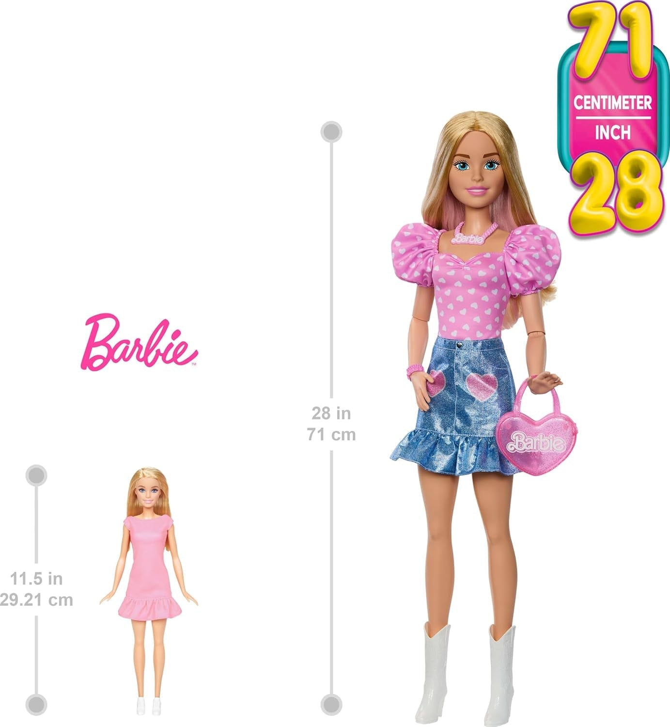 Modna lalka Barbie 71cm blond z odpinanymi ubraniami różowy top spódnica dżinsowa kowbojskie buty naszyjnik i torebka HYT84