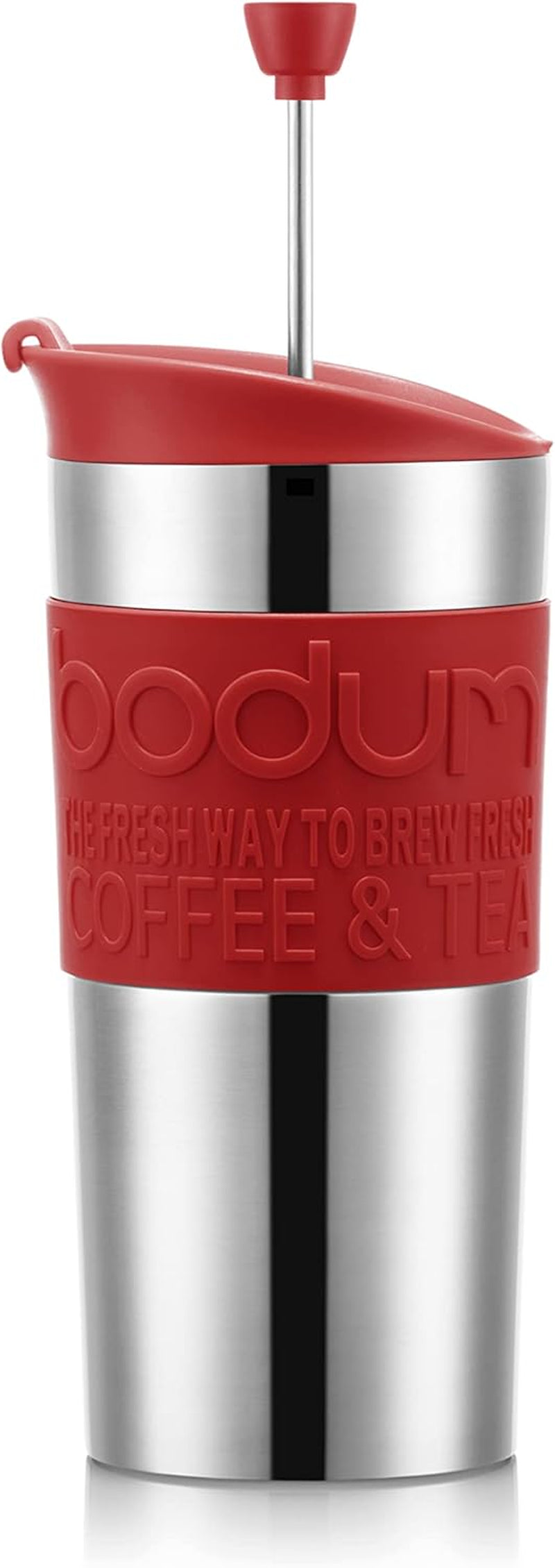 Kubek termiczny Bodum K11067-04 TRAVEL PRESS SET, dwuścienny, stal nierdzewna, dodatkowa pokrywka, 0,35 l, czerwony