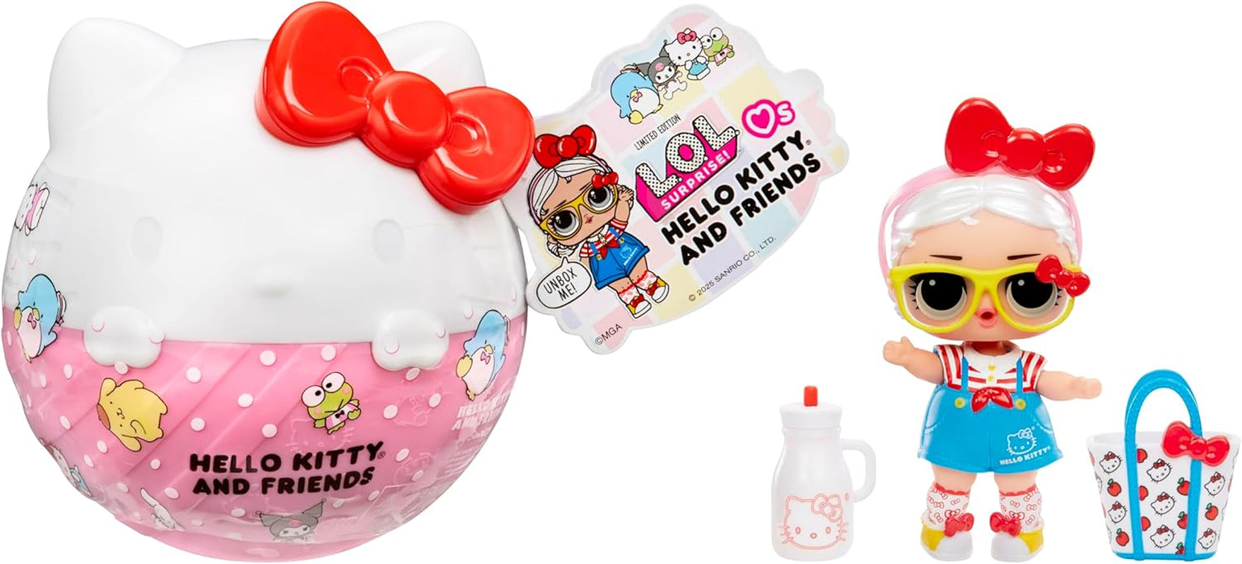 KUPA ŚMIECHU. Niespodzianka! Uwielbia Hello Kitty i przyjaciół - 1 lalka z 7 niespodziankami, losowy wybór, 8 zabawek do zebrania, prezent dla dzieci w wieku 4+, różowe lalki Domyślny tytuł sklepu Naty