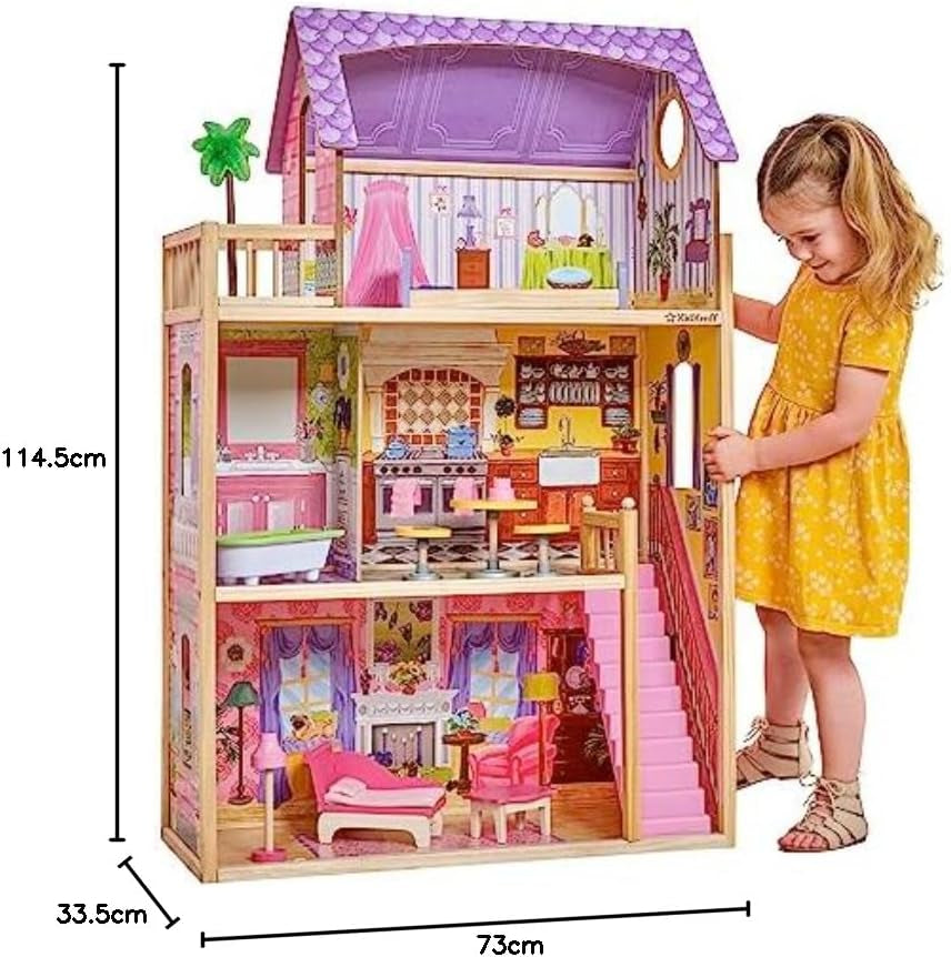 Drewniany domek dla lalek KidKraft Kayla z meblami i akcesoriami, 3-poziomowy zestaw dla lalki 30 cm, zabawka dla dzieci w wieku od 3 lat, 65092 — wyłącznie na Amazon