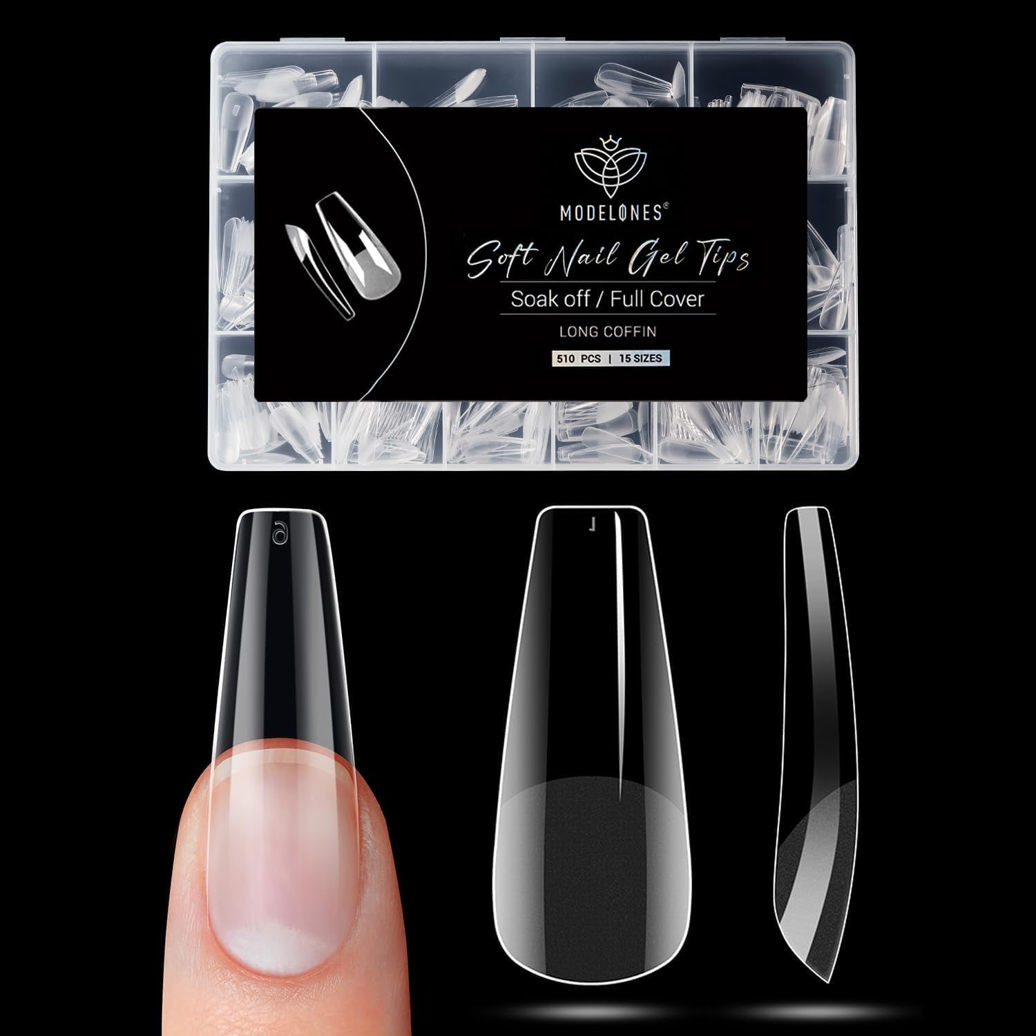 Modelones Tipsy 510 sztuk - Zestaw Tipsów Full Cover, Zestaw Tips Żelowych, Tipsy z żywicy PMMA do polerowania, Sztuczne paznokcie do klejenia na Nail Art DIY, Short Squoval