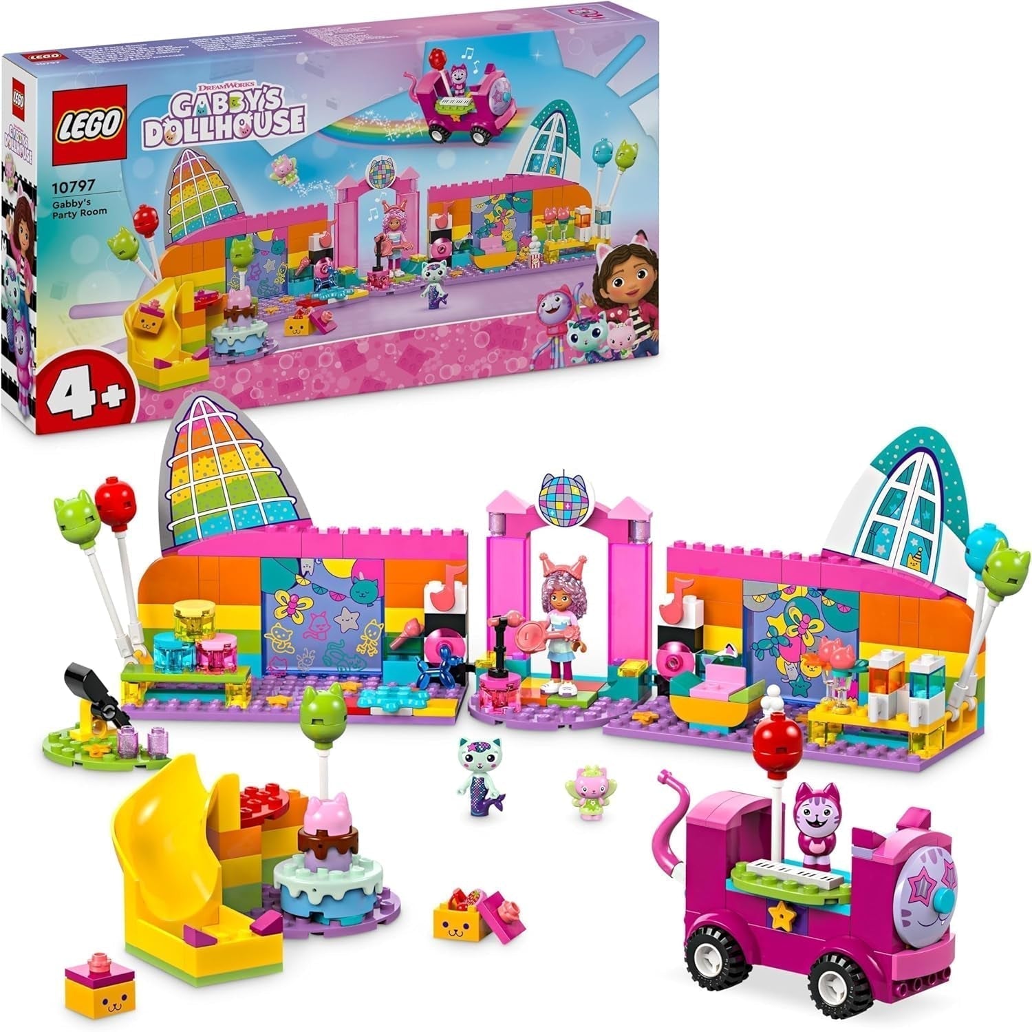 LEGO 4+ Domek dla lalek Gabby Pokój imprezowy Gabby, dyskoteka Zestaw ze zjeżdżalnią i figurkami zwierząt do kreatywnego odgrywania ról, prezent dla dziewcząt i chłopców od 4. roku życia 10797 Zestawy do budowania Besuche den LEGO-Store Domyślny tytuł