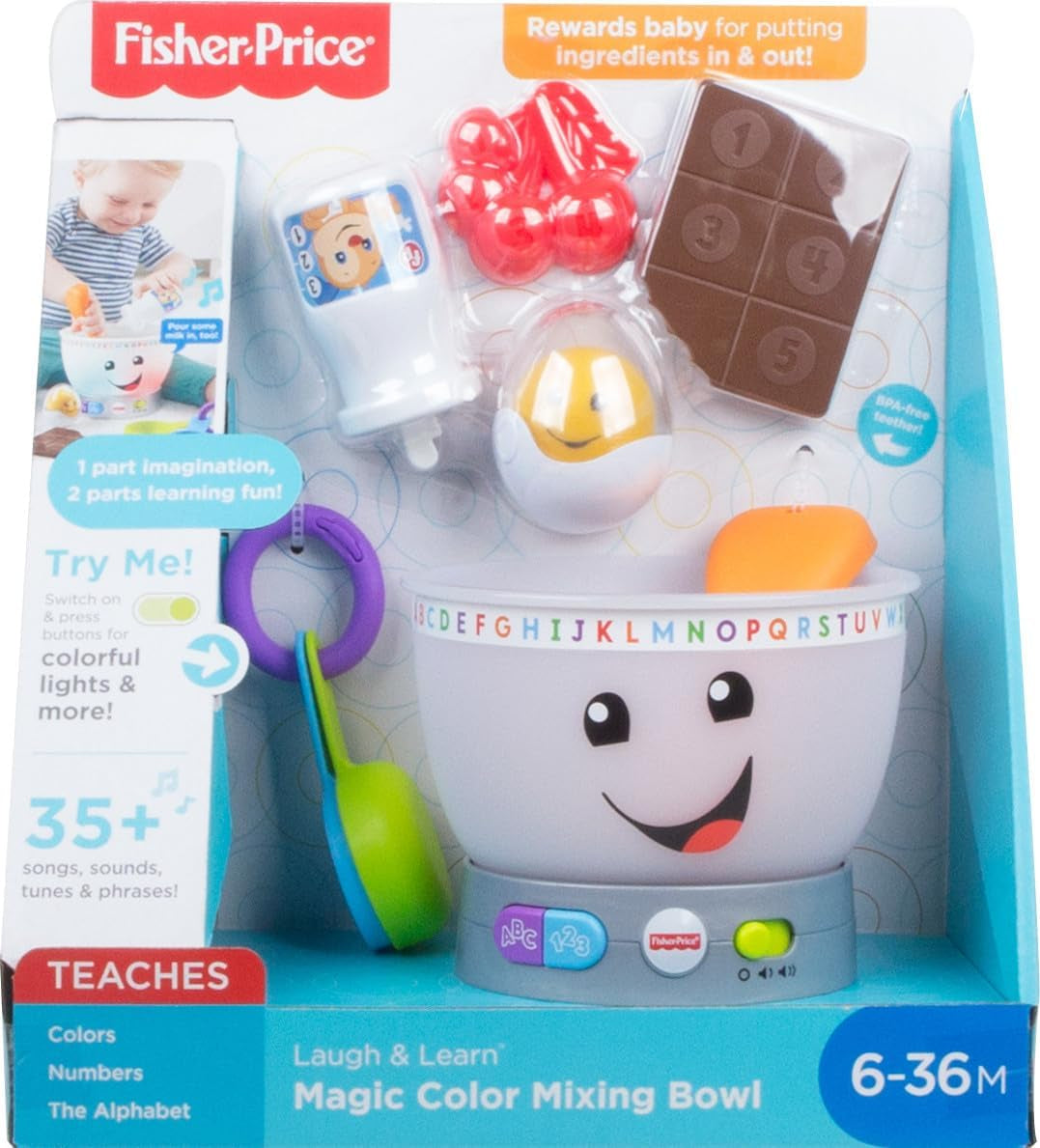 Fisher-Price Zabawka edukacyjna dla dzieci Śmiej się i ucz, Magiczna miska do mieszania kolorów z muzyką i światełkami od 6 miesiąca życia, GJW20 Baby Toys Naty Shop