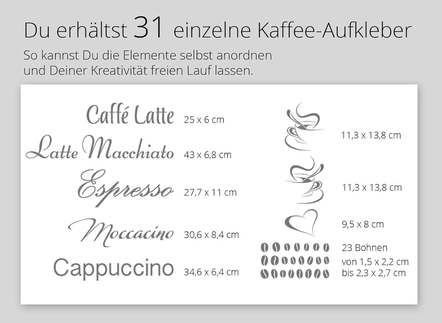 Wandtattoo Kaffee-Sorten I braun I Herz Kaffeetasse Kaffeebohnen Küche Esszimmer Naklejka Aufkleber Wandaufkleber Wandsticker G006