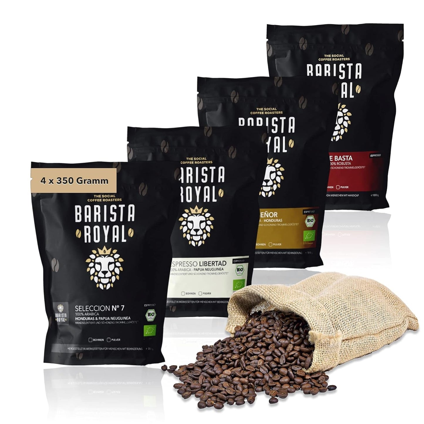 Przykładowy zestaw ziaren espresso 4 x 350g ziaren espresso | Pakiet odkrywczy/pakiet próbny | Robusta i Arabika | Idealny do urządzeń w pełni automatycznych i kolby | KRÓLEWSKI BARYSTA