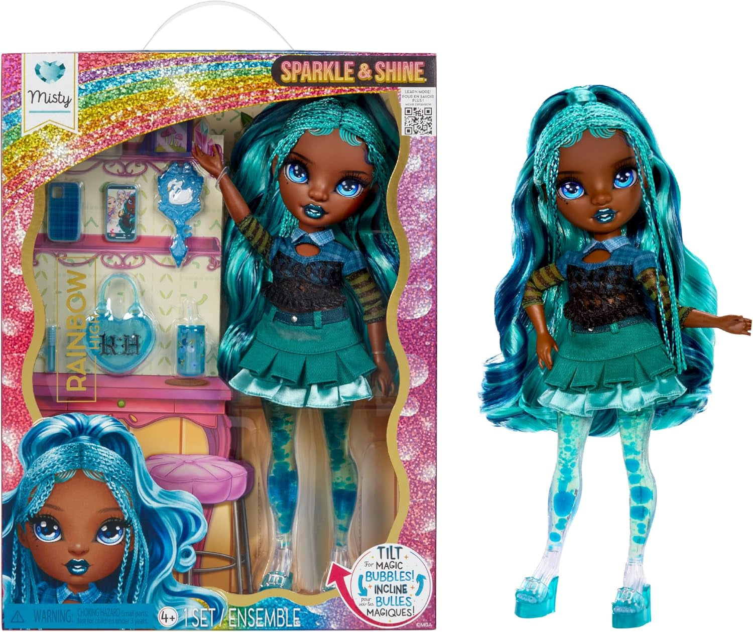 Lalka Rainbow High Sparkle & Shine - Misty - 28 cm Modna lalka z turkusowymi włosami i magicznymi bąbelkami Stojąca Kolorowe ubieranie i zabawa Kolekcjonerska dla 4-12 lat