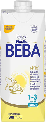 BEBA Junior Gotowy do spożycia napój mleczny dla dzieci 1-3 lat, z HMO, zawartość białka dostosowana do wieku, bez oleju palmowego, bez oleju rybnego, żywność dla małych dzieci, opakowanie 12 szt. (12 x 500 ml)
