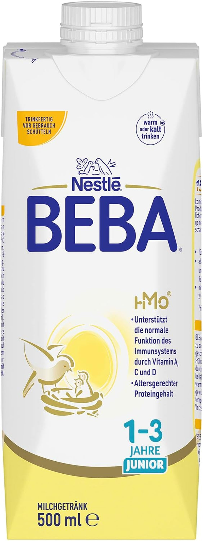 BEBA Junior Gotowy do spożycia napój mleczny dla dzieci 1-3 lat, z HMO, zawartość białka dostosowana do wieku, bez oleju palmowego, bez oleju rybnego, żywność dla małych dzieci, opakowanie 12 szt. (12 x 500 ml)