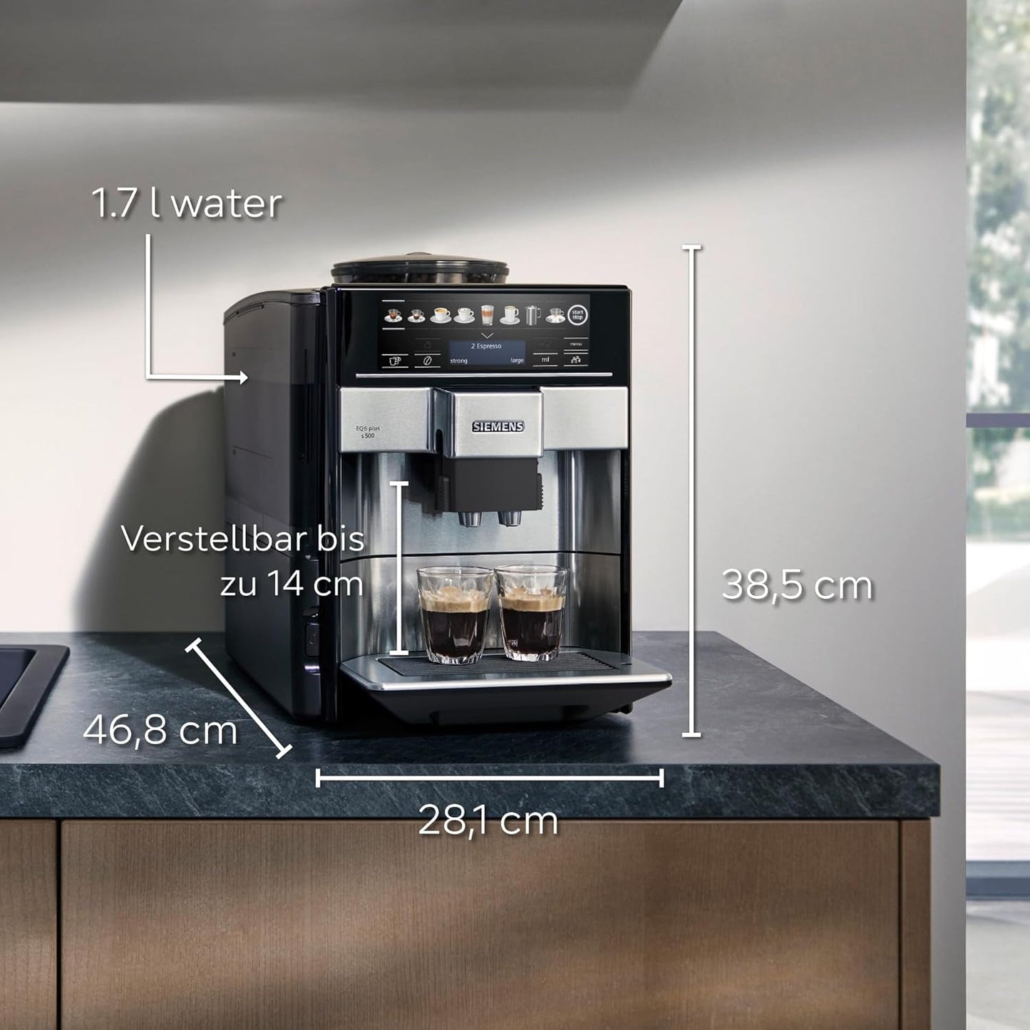Automatyczny ekspres do kawy Siemens EQ.6 plus s300 TE653501DE, do wielu specjałów kawowych, spieniacz do mleka, młynek ceramiczny, podwójna funkcja kawy, zapobiega osadzaniu się kamienia, automatyczne czyszczenie parą, 1500 W, srebrny