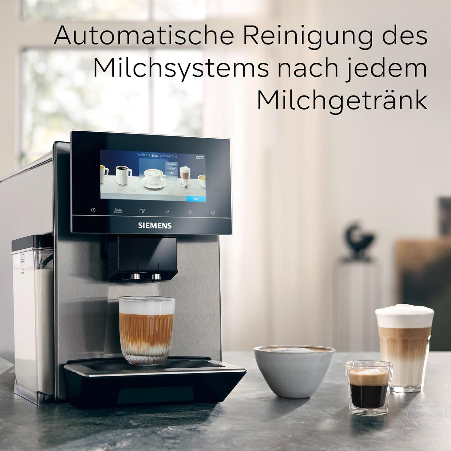 Automatyczny ekspres do kawy Siemens EQ900 TQ903D03, sterowanie z aplikacji, intuicyjny wyświetlacz dotykowy, tryb baristy, AromaBoost, redukcja szumów, młynek Premium, automatyczne czyszczenie parą, 1500 W, stal nierdzewna