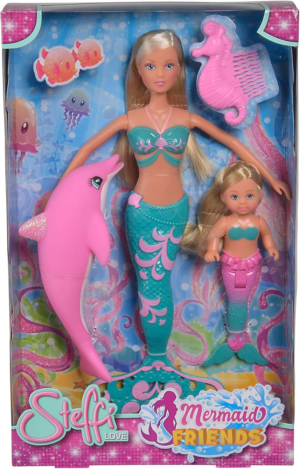 Simba 105733336 - Steffi Love Mermaid Friends, magiczna lalka syrenka z siostrą Evi, figurka delfina i nie tylko, zabawka dla dzieci w wieku 3 lat i starszych