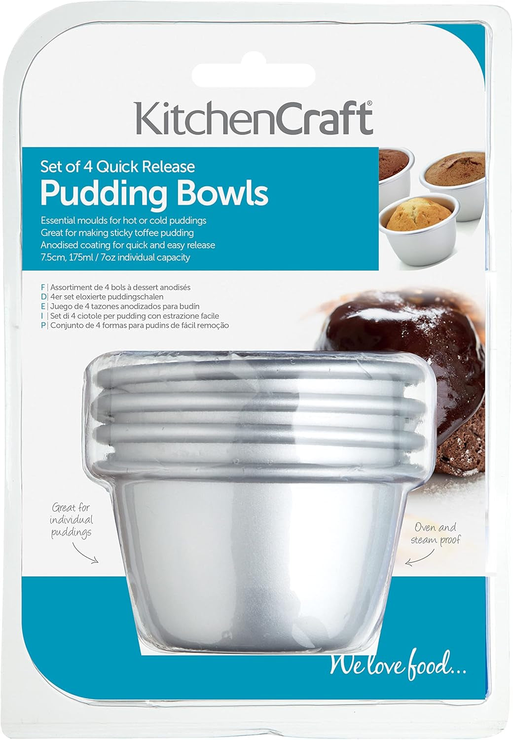 Kitchencraft Mini foremki do budyniu Anodyzowane aluminium 7,5 cm Zestaw 4 srebrnych foremek i tac do pieczenia Naty Shop