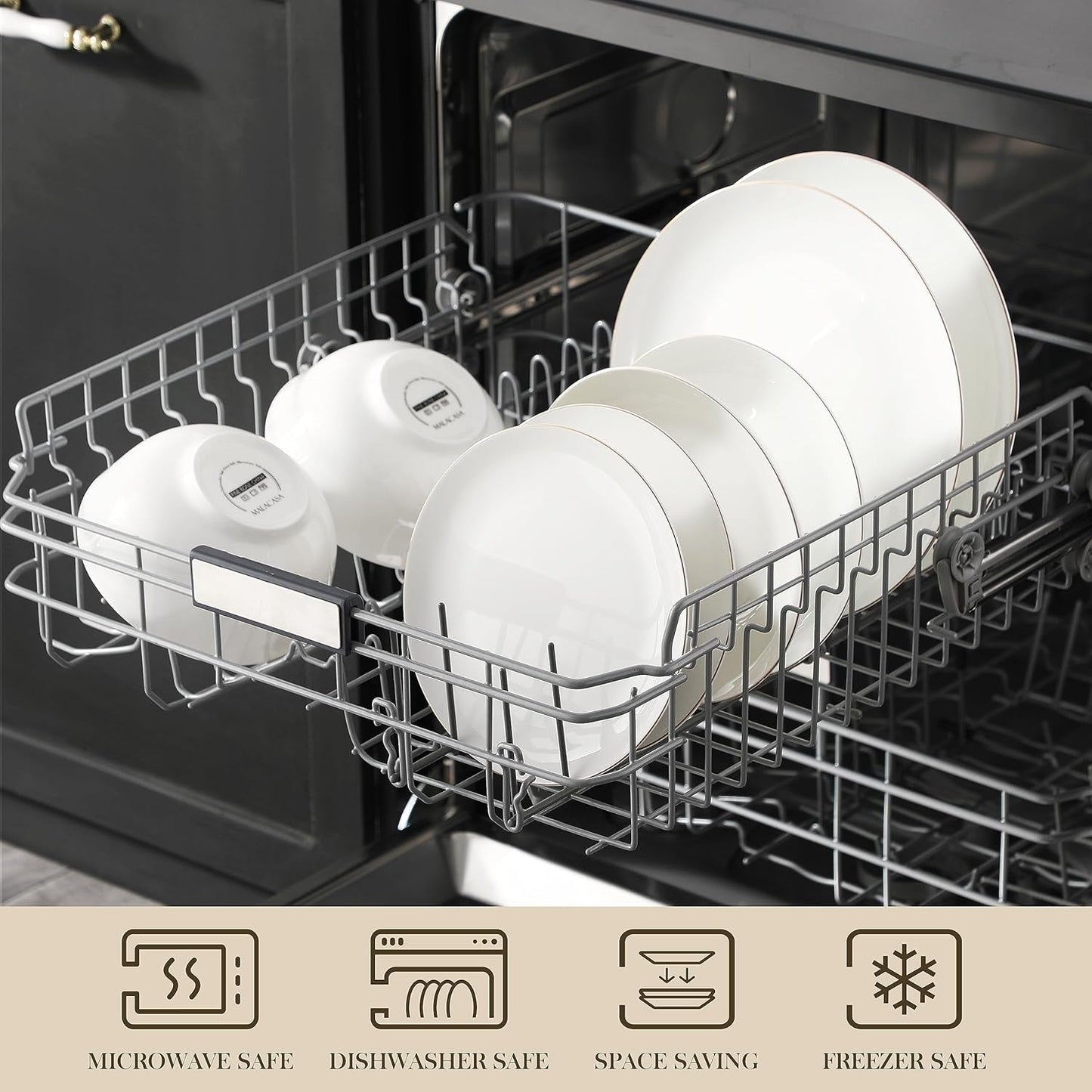 MALACASA 4-osobowy zestaw obiadowy Bone China 16-częściowy zestaw obiadowy Okrągły biały ze złotym brzegiem Zestaw 4 talerzy obiadowych 4 talerze deserowe 4 talerze Suma i 4 miski na płatki zbożowe Seria NORI