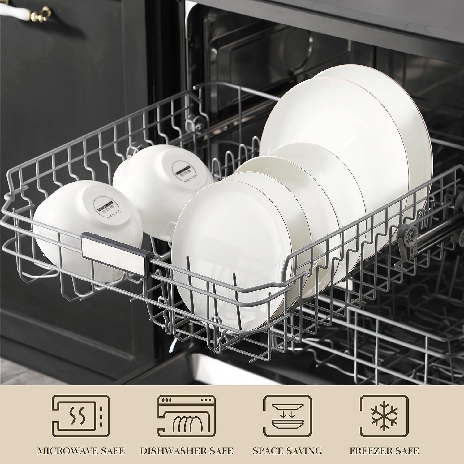 MALACASA 4-osobowy zestaw obiadowy Bone China 16-częściowy zestaw obiadowy Okrągły biały ze złotym brzegiem Zestaw 4 talerzy obiadowych 4 talerze deserowe 4 talerze Suma i 4 miski na płatki zbożowe Seria NORI