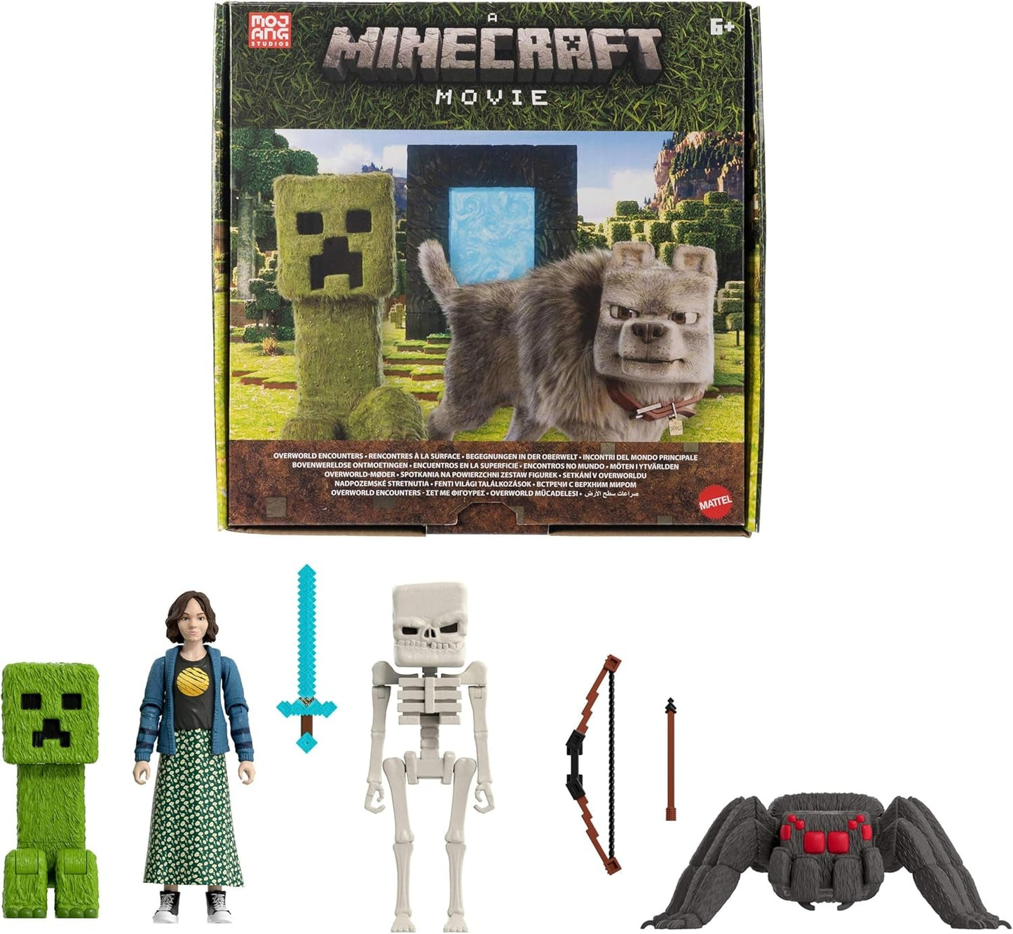 Zestaw fabularny Mattel Minecraft z 4 figurkami i 3 akcesoriami Spotkania w całym świecie Zestaw kolekcjonerski inspirowany filmem Minecraft Kolekcjonerska zabawka JFR70 Figurki Naty Shop Story Zestaw
