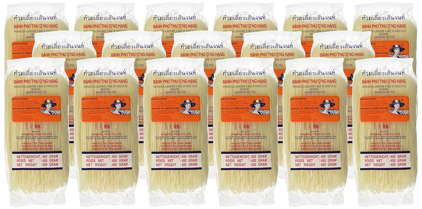 Makaron ryżowy - tajski makaron wstążkowy o szerokości 1 mm, wykonany z mąki ryżowej - 17 x 400g