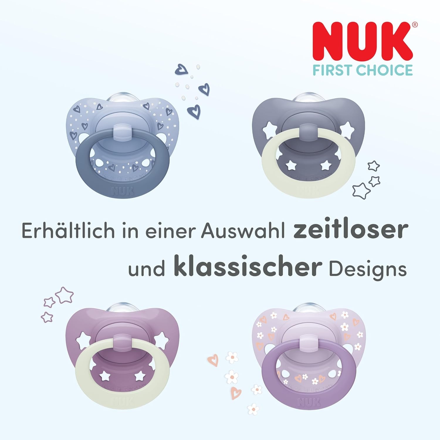 Klasyczne smoczki na dzień i na noc NUK First Choice dla niemowląt | 6-18 miesięcy | Smoczki ortodontyczne świecące w ciemności | 95% akceptacji przez dzieci** | Niebieski | Opakowanie 2