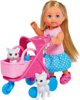 Simba 105733348 - Wózek dla kota Evi Love, z dwoma kotami w wózku, odpinana torba, akcesoria, lalka do przebierania, 12 cm, dla dzieci w wieku 3+