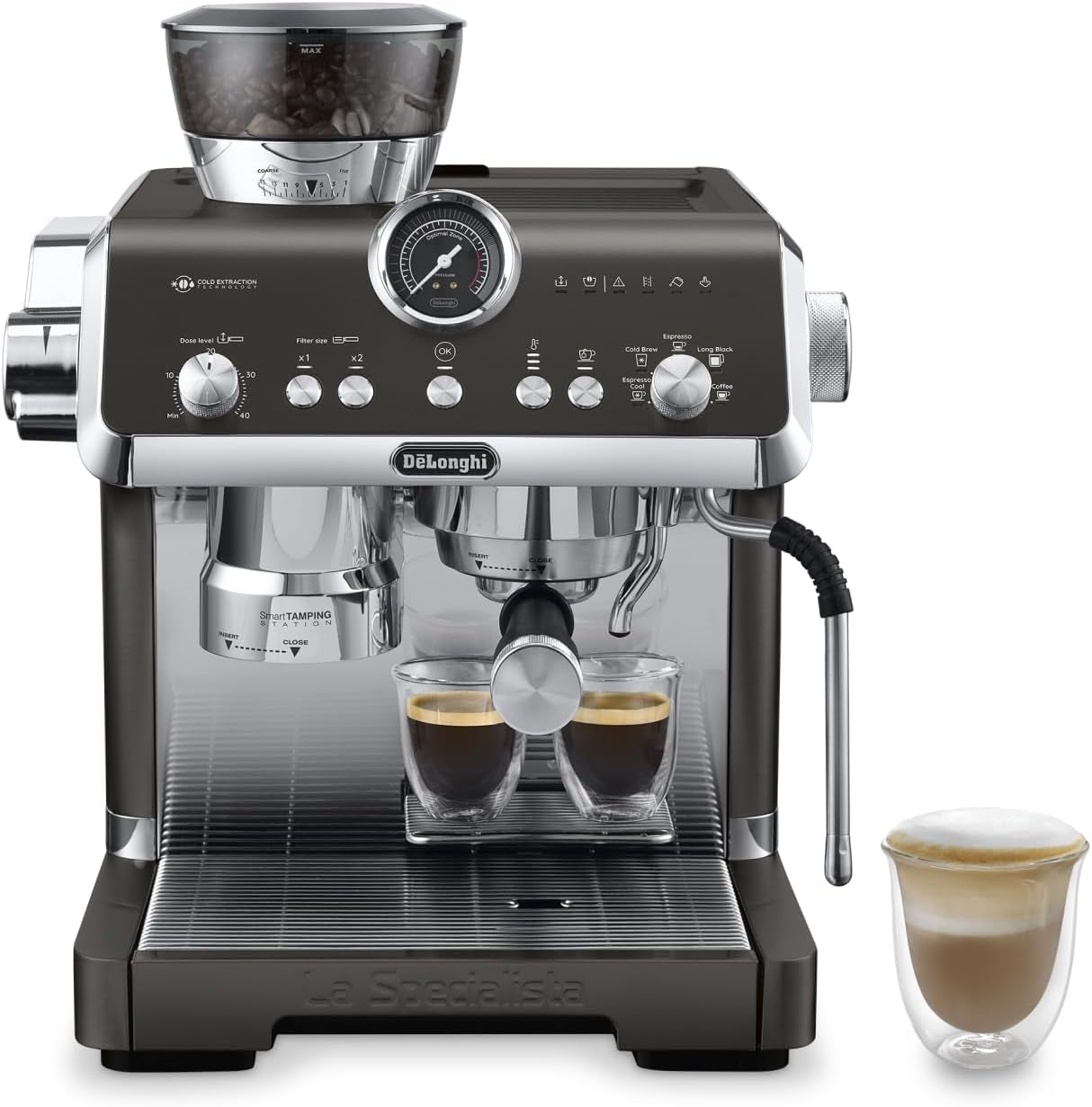 De'Longhi La Specialista Arte EC9155.MB ekspres do kawy z kolbą ze młynkiem, 8 stopni mielenia, ciśnienie 15 barów, 3 ustawienia temperatury, spieniacz do mleka, 1550 W, zbiornik 1,7 l, stal nierdzewna/czarny, w zestawie zestaw baristy