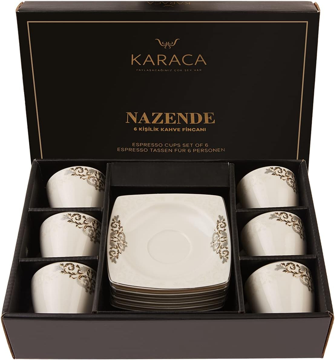 Zestaw porcelanowych filiżanek do espresso KARACA Nazende - 80 ml tureckie filiżanki do kawy ze spodkami, 12-częściowy nowoczesny serwis do kawy z 6 filiżankami do kawy i 6 spodkami, filiżanki do mokki - biały