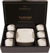 Zestaw porcelanowych filiżanek do espresso KARACA Nazende - 80 ml tureckie filiżanki do kawy ze spodkami, 12-częściowy nowoczesny serwis do kawy z 6 filiżankami do kawy i 6 spodkami, filiżanki do mokki - biały