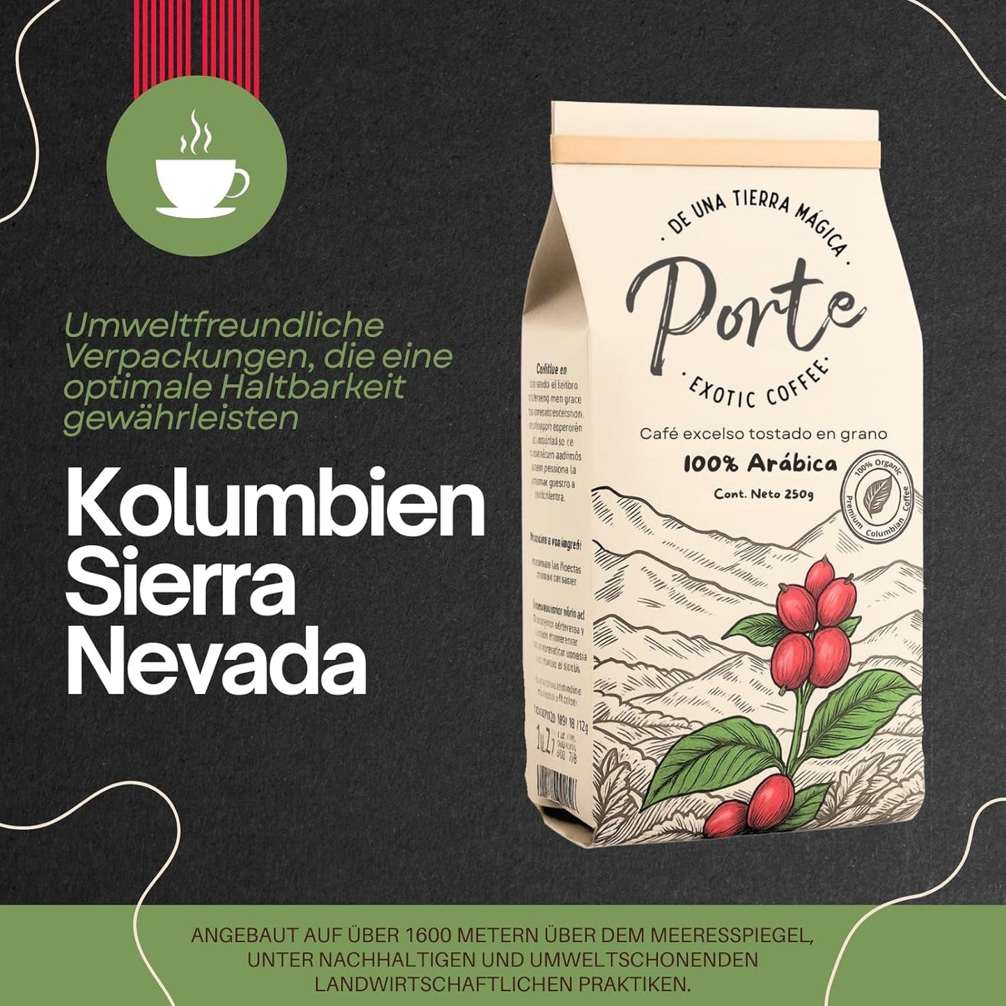 Spezialitätenkaffee Bohnen 100% Arabika Naturalna Mittlere Röstung Gewaschener Prozess Zitrus Schokolade Karamell Schattenanbau Sierra Nevada (250 g, Castillo)