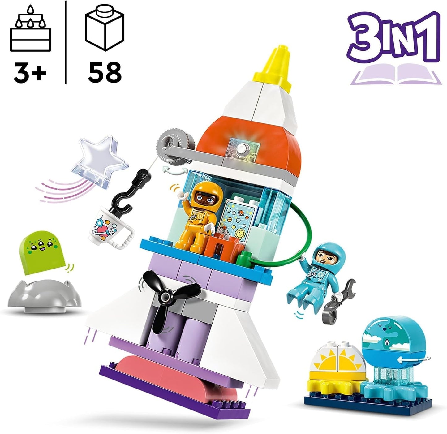 LEGO DUPLO Wahadłowiec kosmiczny 3 w 1 Mnóstwo przygód Zestaw kosmiczny Rakieta dla dzieci Zabawka naukowa do budowania Wczesny rozwój umiejętności motorycznych Prezent dla 3-latków 10422 Zestawy do budowania Beuche den LEGO-Store