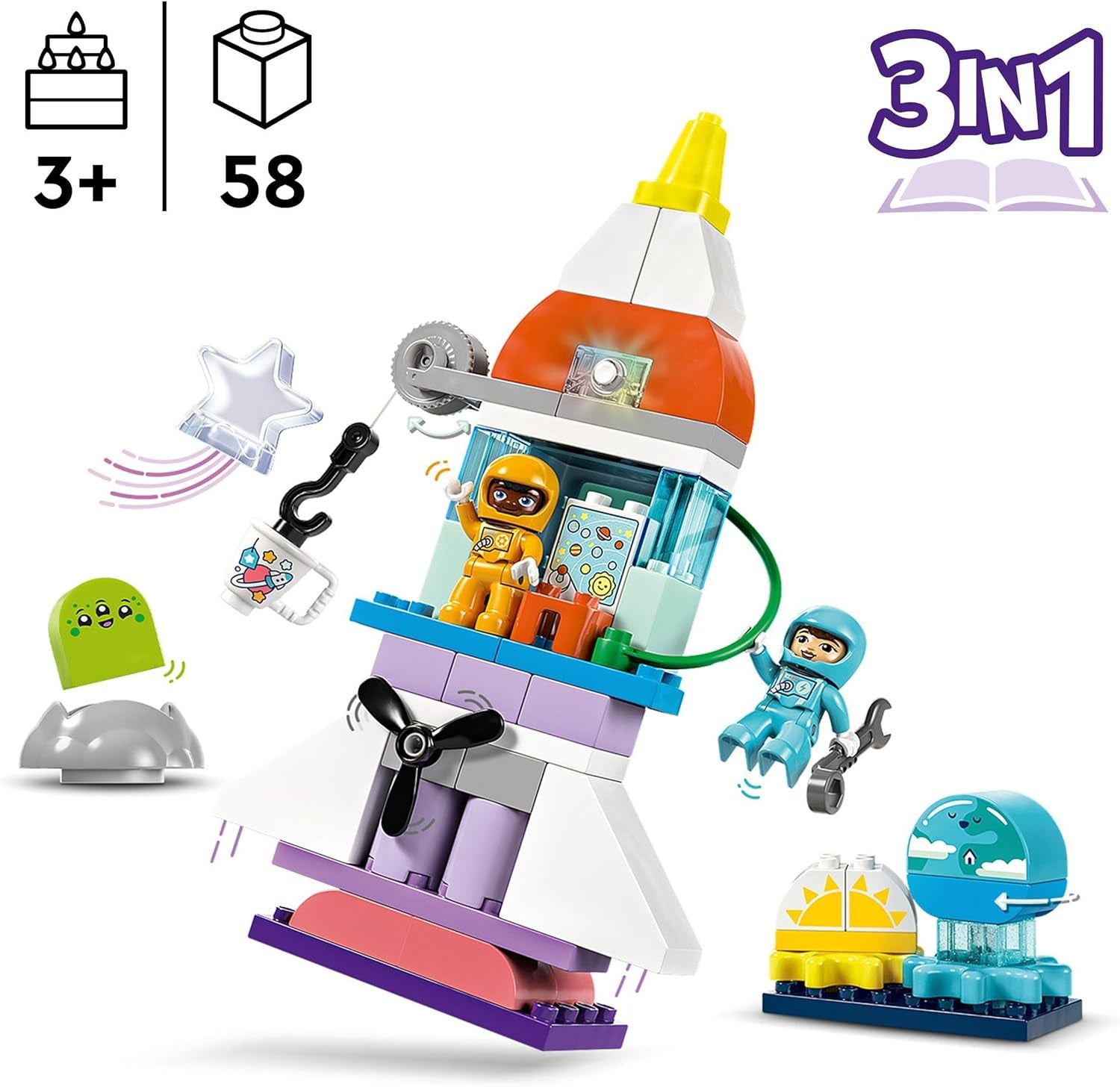 LEGO DUPLO Wahadłowiec kosmiczny 3 w 1 Mnóstwo przygód Zestaw kosmiczny Rakieta dla dzieci Zabawka naukowa do budowania Wczesny rozwój umiejętności motorycznych Prezent dla 3-latków 10422 Zestawy do budowania Beuche den LEGO-Store
