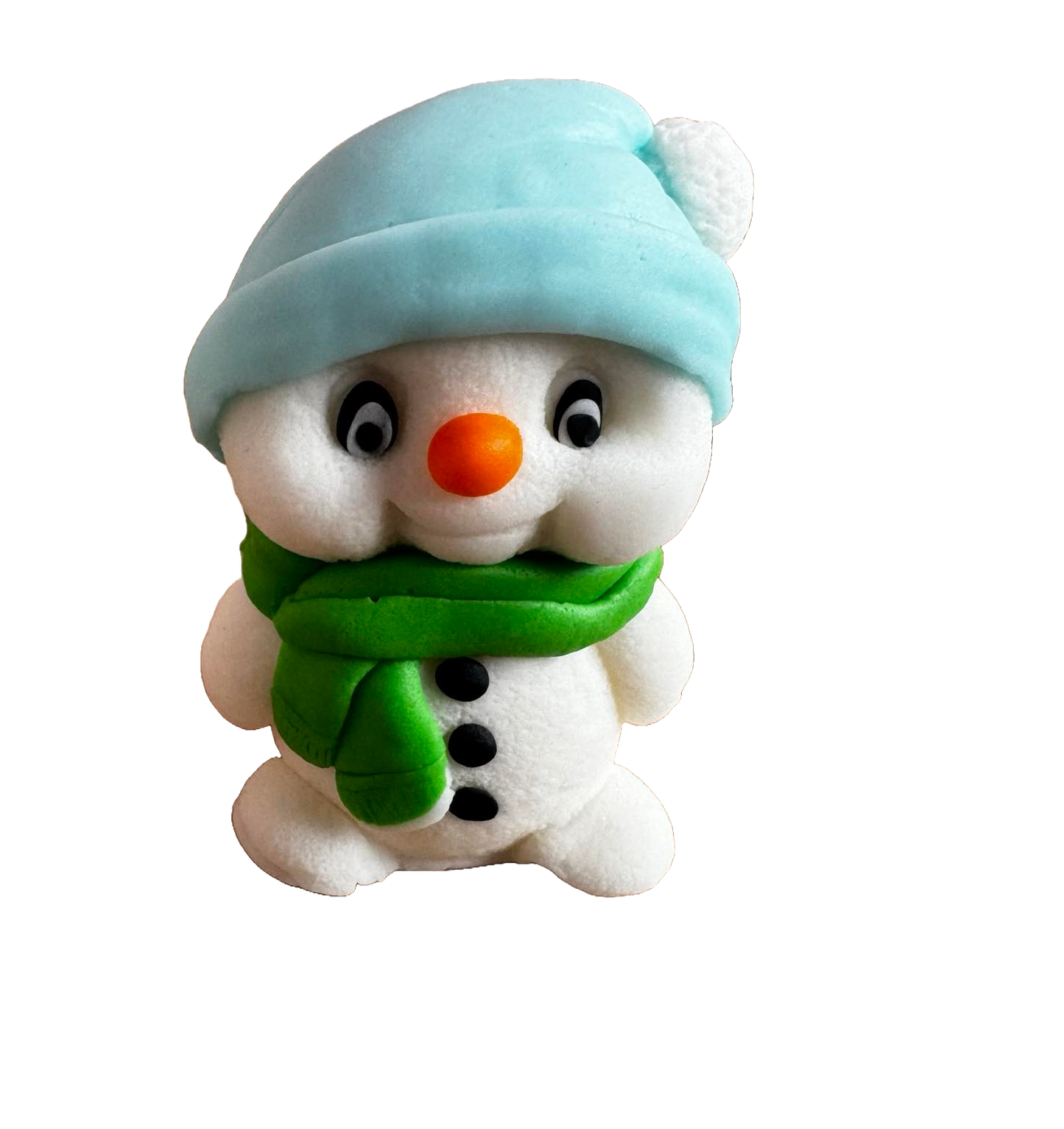 Jadalna dekoracja z pasty cukrowej, Bałwanek z zieloną chustą i niebieską czapeczką. Ozdoby ze sklepu Sugar Paste Naty