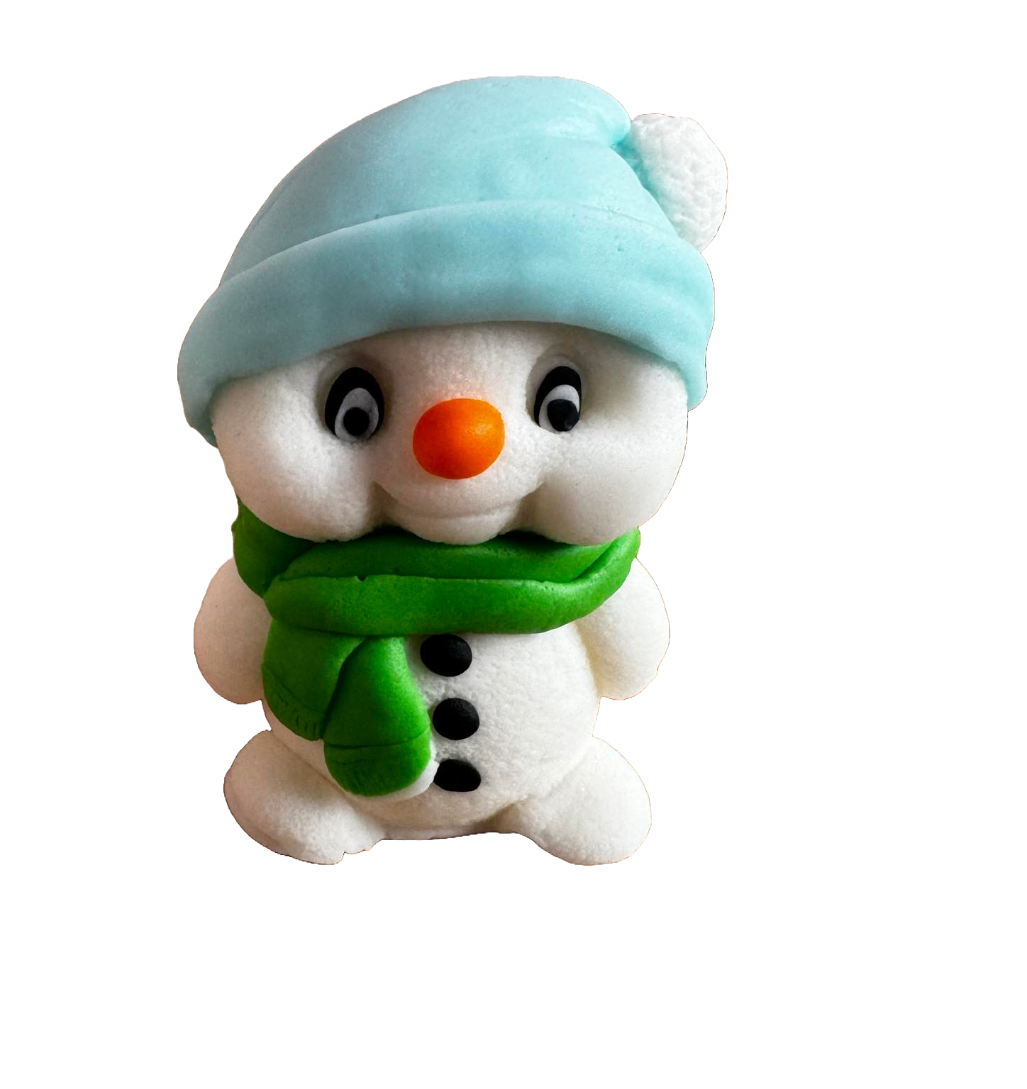 Jadalna dekoracja z pasty cukrowej, Bałwanek z zieloną chustą i niebieską czapeczką. Ozdoby ze sklepu Sugar Paste Naty