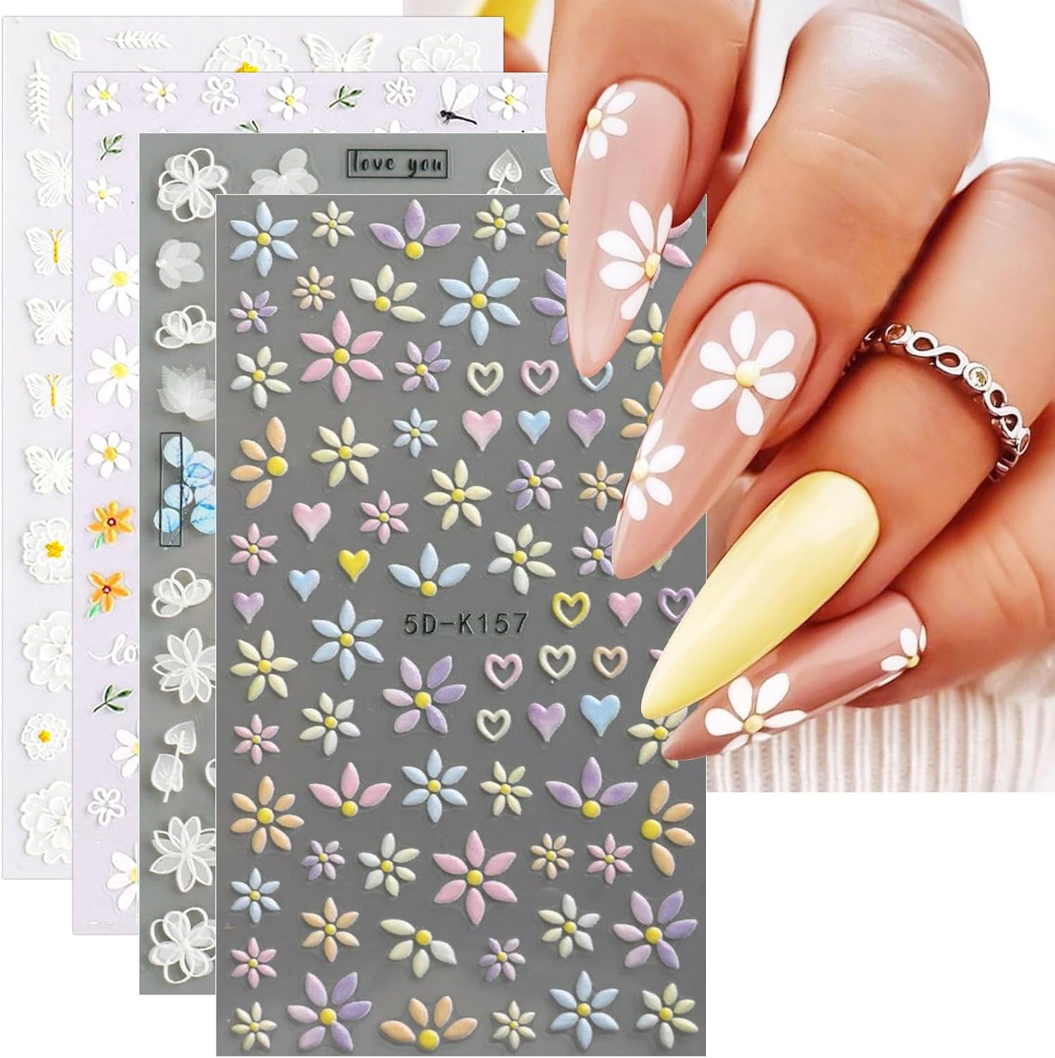 JMEOWIO 3D Nagelsticker Blume Frühlings Nail Art Naklejka Selbstklebend Nagelaufkleber 5D Stereoskopisch Sommer Bunter Blumen Dekoration Nageldesign Zubehör 4 Blatt