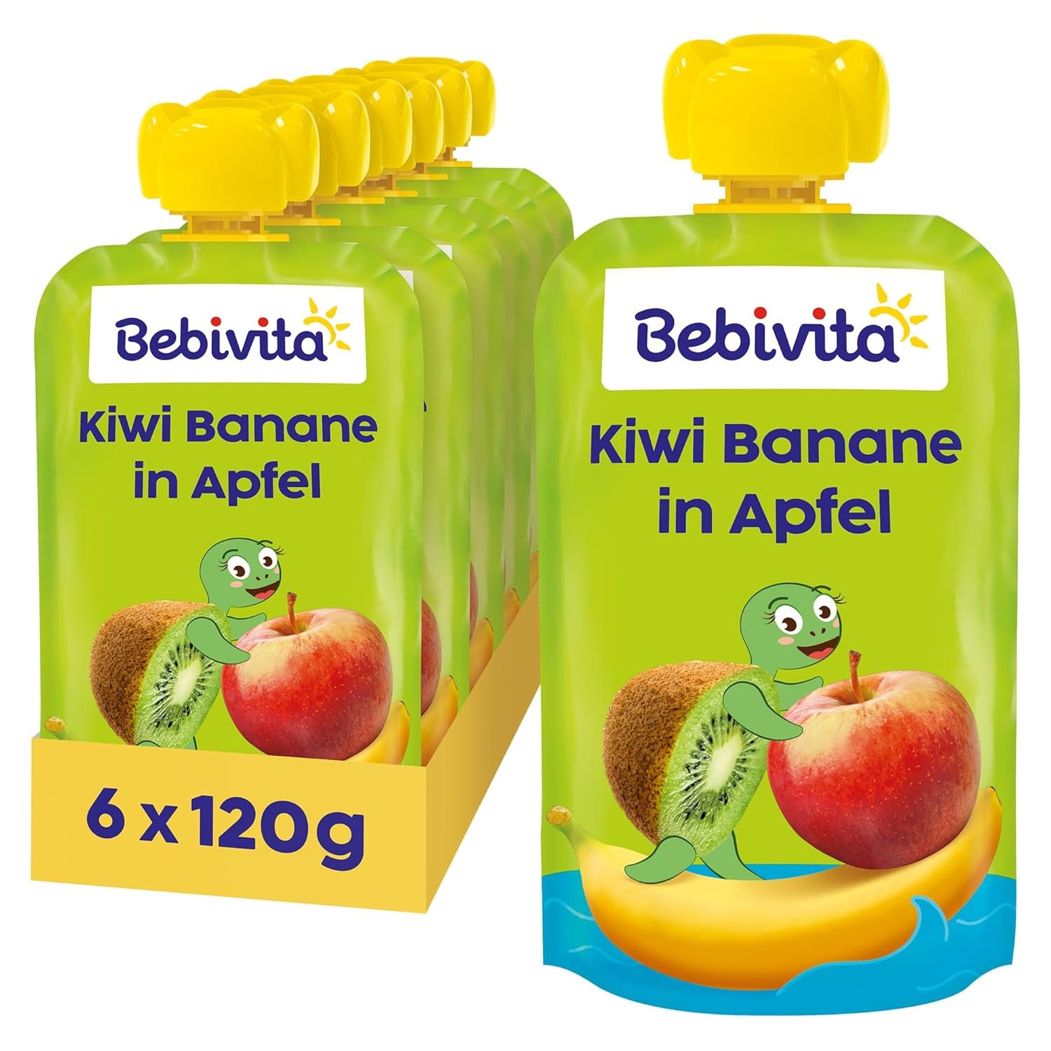 Kiwi Banany w Apple Quetschie (6 x 120 g), ohne Zuckerzusatz, glutenfrei, idealne dla unterwegs i selbständiges Snacken