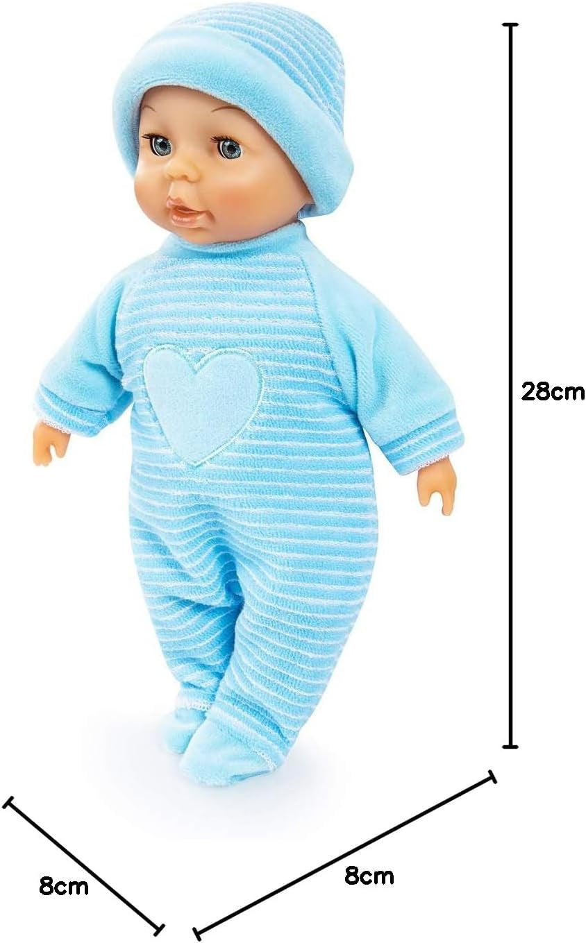 Bayer Design 92802AU Moje pierwsze dziecko 28 cm, laleczka bobas, lalka z miękkim ciałem ze śpiącymi oczami, bardzo poręczna, ładny strój, niebieski z sercem