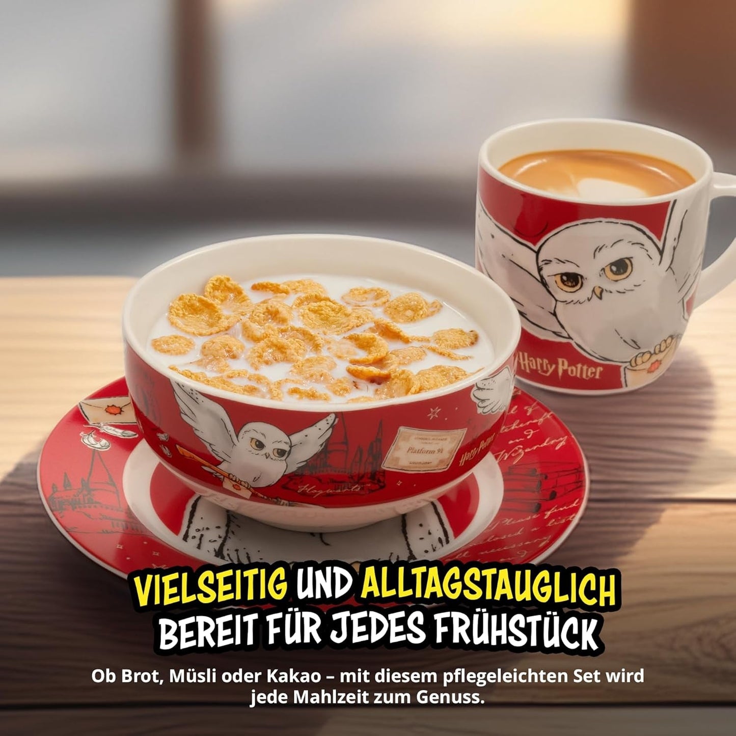 3-częściowy zestaw zastawy stołowej Harry Potter w kolorze czerwonym, porcelanowy zestaw śniadaniowy z talerzem Ø 19 cm, kubkiem 220 ml i miską 330 ml, kompletem zastawy stołowej